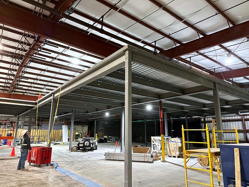 Steel mezzanine framing inside a building